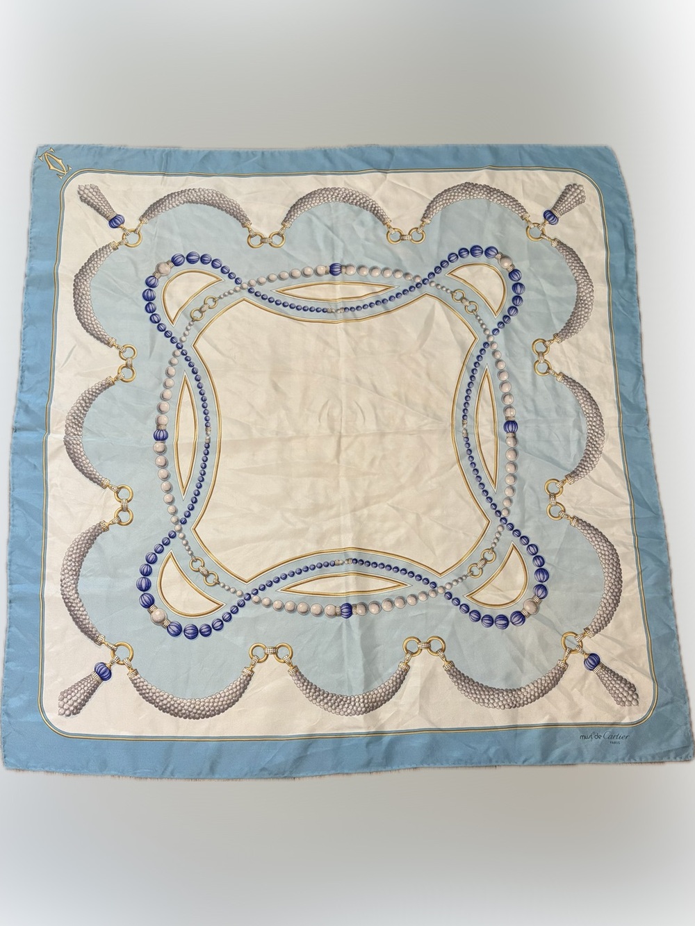 Cartier Silk Blue and Cream
Pearl Print Scarf